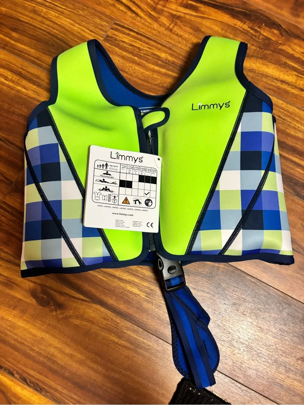 Kids Swim Vest in Neon Green & Blue Plaid Limmy’s